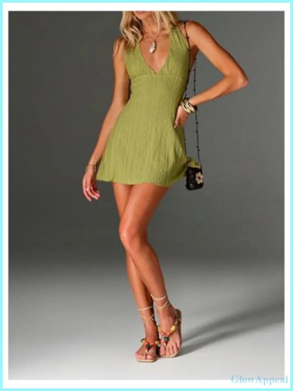 Deep V Neck Halter Mini Dress Sleeveless Open Back A-Line Summer Beach Dress